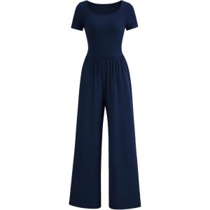 PRETTYGARDEN Women’s Summer One Piece Jumpsuits Dressy Casual Short Sleeve Square Neck Wide Leg Rompers Travel Outfit Clothes(Navy)