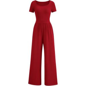 PRETTYGARDEN Women’s Summer One Piece Jumpsuits Dressy Casual Short Sleeve Square Neck Wide Leg Rompers Travel Outfit Clothes(Red)