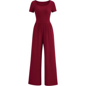 PRETTYGARDEN Women’s Summer One Piece Jumpsuits Dressy Casual Short Sleeve Square Neck Wide Leg Rompers Travel Outfit Clothes(Wine Red)