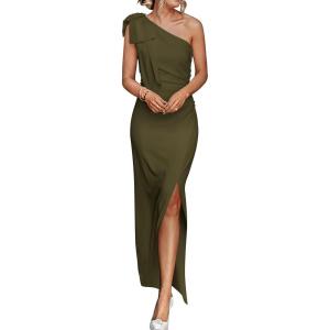 PRETTYGARDEN Women’s Summer One Shoulder Long Formal Dresses Sleeveless Ruched Bodycon Wedding Guest Slit Maxi Dress(Army Green)