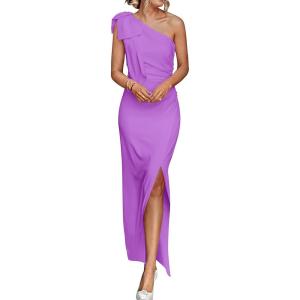 PRETTYGARDEN Women’s Summer One Shoulder Long Formal Dresses Sleeveless Ruched Bodycon Wedding Guest Slit Maxi Dress(Bright Purple)