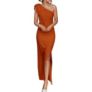 PRETTYGARDEN Women’s Summer One Shoulder Long Formal Dresses Sleeveless Ruched Bodycon Wedding Guest Slit Maxi Dress(Brown)