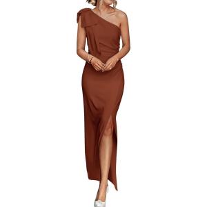 PRETTYGARDEN Women’s Summer One Shoulder Long Formal Dresses Sleeveless Ruched Bodycon Wedding Guest Slit Maxi Dress(Coffee)