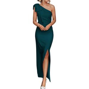 PRETTYGARDEN Women’s Summer One Shoulder Long Formal Dresses Sleeveless Ruched Bodycon Wedding Guest Slit Maxi Dress(Cyan)