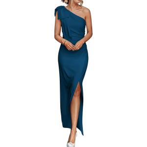 PRETTYGARDEN Women’s Summer One Shoulder Long Formal Dresses Sleeveless Ruched Bodycon Wedding Guest Slit Maxi Dress(Dark Blue)