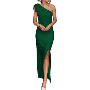 PRETTYGARDEN Women’s Summer One Shoulder Long Formal Dresses Sleeveless Ruched Bodycon Wedding Guest Slit Maxi Dress(Dark Green)