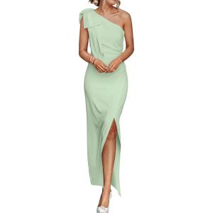 PRETTYGARDEN Women’s Summer One Shoulder Long Formal Dresses Sleeveless Ruched Bodycon Wedding Guest Slit Maxi Dress(Light Green)