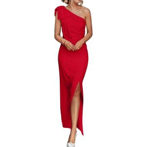 PRETTYGARDEN Women’s Summer One Shoulder Long Formal Dresses Sleeveless Ruched Bodycon Wedding Guest Slit Maxi Dress(Red)