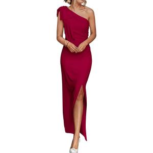 PRETTYGARDEN Women’s Summer One Shoulder Long Formal Dresses Sleeveless Ruched Bodycon Wedding Guest Slit Maxi Dress(Wine Red)