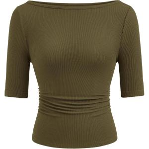 PRETTYGARDEN Womens Summer Short Sleeve Tops Boat Neck Ribbed Knit Slim Fit T Shirt Casual Basic Top 2026 Spring Clothes(Army Green)
