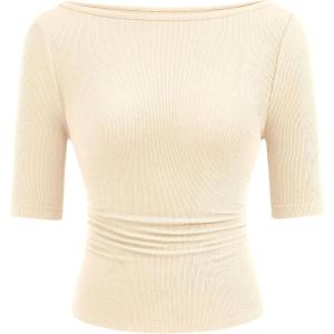 PRETTYGARDEN Womens Summer Short Sleeve Tops Boat Neck Ribbed Knit Slim Fit T Shirt Casual Basic Top 2026 Spring Clothes(Beige)