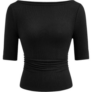 PRETTYGARDEN Womens Summer Short Sleeve Tops Boat Neck Ribbed Knit Slim Fit T Shirt Casual Basic Top 2026 Spring Clothes(Black)