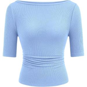 PRETTYGARDEN Womens Summer Short Sleeve Tops Boat Neck Ribbed Knit Slim Fit T Shirt Casual Basic Top 2026 Spring Clothes(Light Blue)