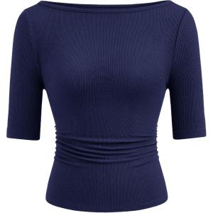 PRETTYGARDEN Womens Summer Short Sleeve Tops Boat Neck Ribbed Knit Slim Fit T Shirt Casual Basic Top 2026 Spring Clothes(Navy Blue)