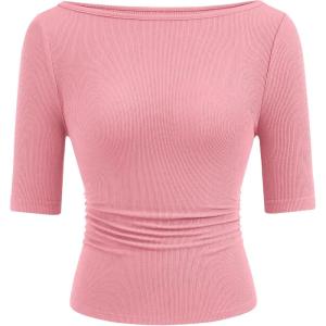 PRETTYGARDEN Womens Summer Short Sleeve Tops Boat Neck Ribbed Knit Slim Fit T Shirt Casual Basic Top 2026 Spring Clothes(Pink)