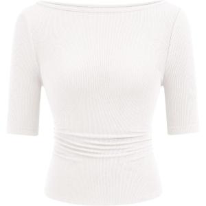 PRETTYGARDEN Womens Summer Short Sleeve Tops Boat Neck Ribbed Knit Slim Fit T Shirt Casual Basic Top 2026 Spring Clothes(White)
