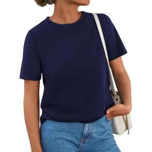 PRETTYGARDEN Womens Summer Tops 2026 Casual Basic Crewneck Short Sleeve Shirts Spring Fashion Clothing Going Out Outfits(Navy)
