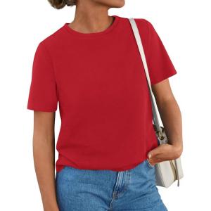 PRETTYGARDEN Womens Summer Tops 2026 Casual Basic Crewneck Short Sleeve Shirts Spring Fashion Clothing Going Out Outfits(Red)