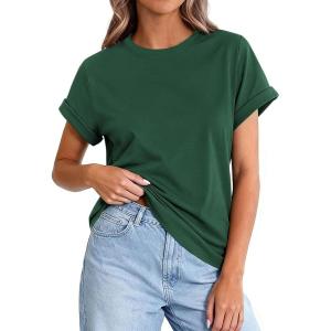 PRETTYGARDEN Womens Summer Tops 2026 Spring Casual Rolled Short Sleeve Basic Tees Crew Neck Work Shirts Fashion Clothing(Dark Green)