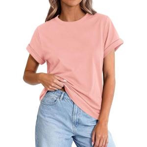 PRETTYGARDEN Womens Summer Tops 2026 Spring Casual Rolled Short Sleeve Basic Tees Crew Neck Work Shirts Fashion Clothing(Pink)