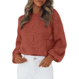 PRETTYGARDEN Womens Sweaters 2025 Fall Fashion Long Sleeve Crewneck Floral Knit Pullover Sweater Tops Winter Clothes(Red Brown)