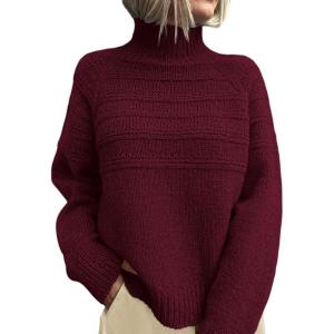 PRETTYGARDEN Women’s Turtleneck Sweaters 2026 Fall Chunky Knit Pullover Long Sleeve Jumper Tops Trendy Winter Clothes(Burgundy)