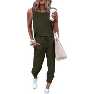 PRETTYGARDEN Women’s Two Piece Outfit Sets Casual Summer Sleeveless Matching Lounge Wear Spring Travel Clothes Tracksuit(Army Green)
