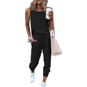 PRETTYGARDEN Women’s Two Piece Outfit Sets Casual Summer Sleeveless Matching Lounge Wear Spring Travel Clothes Tracksuit(Black)