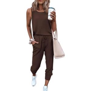 PRETTYGARDEN Women’s Two Piece Outfit Sets Casual Summer Sleeveless Matching Lounge Wear Spring Travel Clothes Tracksuit(Brown)