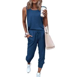 PRETTYGARDEN Women’s Two Piece Outfit Sets Casual Summer Sleeveless Matching Lounge Wear Spring Travel Clothes Tracksuit(Dark Blue)