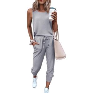 PRETTYGARDEN Women’s Two Piece Outfit Sets Casual Summer Sleeveless Matching Lounge Wear Spring Travel Clothes Tracksuit(Light Grey)