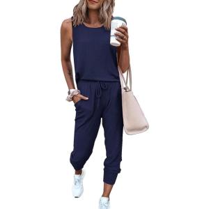 PRETTYGARDEN Women’s Two Piece Outfit Sets Casual Summer Sleeveless Matching Lounge Wear Spring Travel Clothes Tracksuit(Navy)