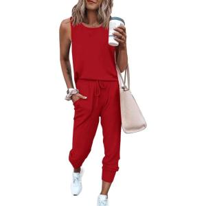 PRETTYGARDEN Women’s Two Piece Outfit Sets Casual Summer Sleeveless Matching Lounge Wear Spring Travel Clothes Tracksuit(Red)
