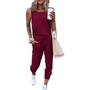 PRETTYGARDEN Women’s Two Piece Outfit Sets Casual Summer Sleeveless Matching Lounge Wear Spring Travel Clothes Tracksuit(Wine Red)