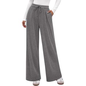 PRETTYGARDEN Women’s Wide Leg Pants 2026 Fall Clothes Elastic High Waisted Knit Lounge Palazzo Pant Trousers with Pockets(Grey)