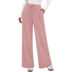 PRETTYGARDEN Women’s Wide Leg Pants 2026 Fall Clothes Elastic High Waisted Knit Lounge Palazzo Pant Trousers with Pockets(Pink)
