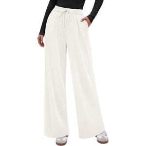 PRETTYGARDEN Women’s Wide Leg Pants 2026 Fall Clothes Elastic High Waisted Knit Lounge Palazzo Pant Trousers with Pockets(White)