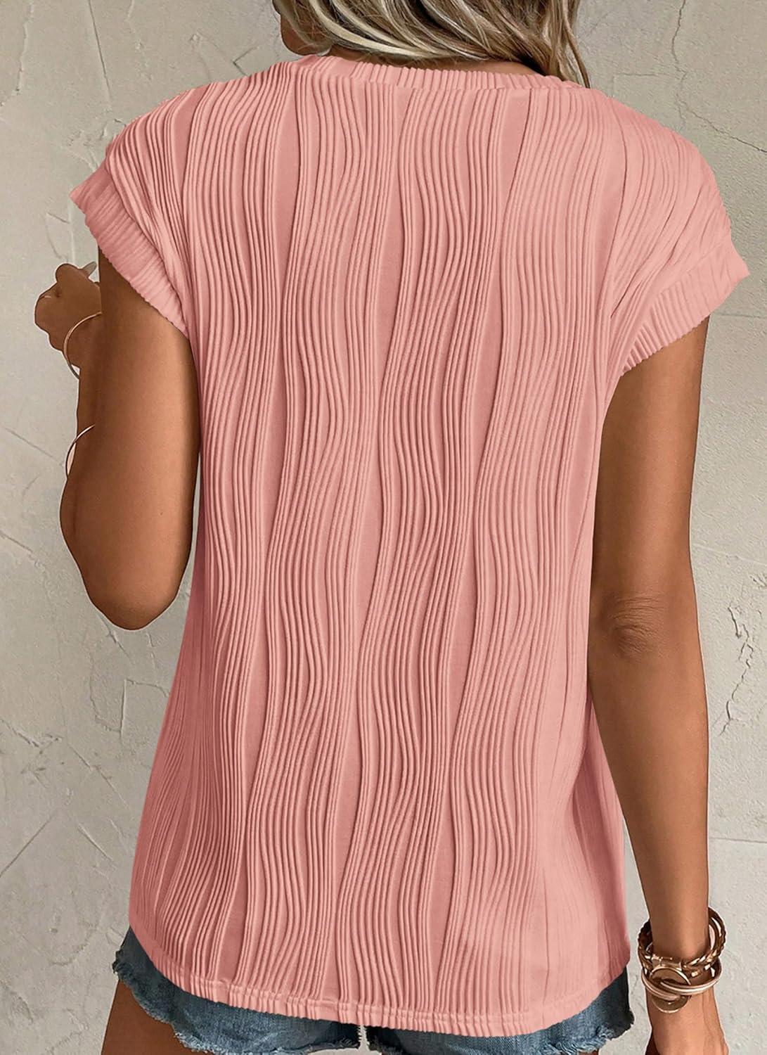 imagePRETTYGARDEN Blouses for Women Dressy Casual 2026 Spring Summer Business Office Tops Cap Sleeve Textured Cute Work ShirtPink