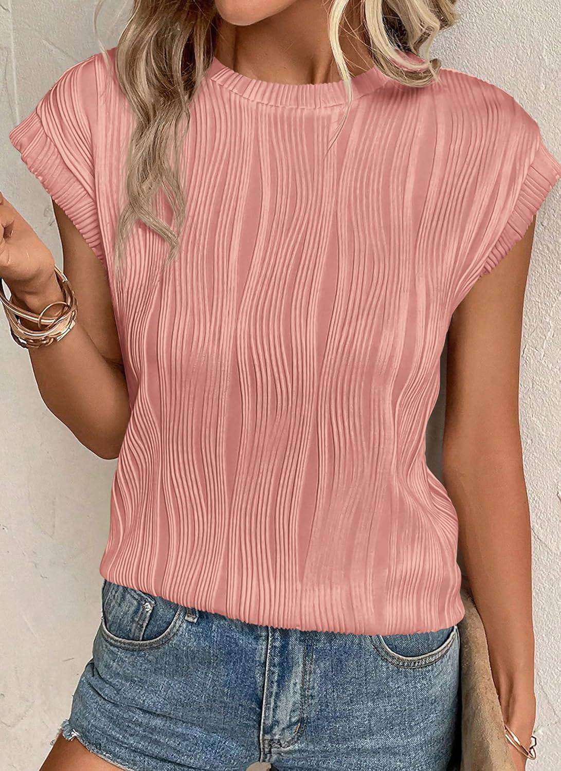 imagePRETTYGARDEN Blouses for Women Dressy Casual 2026 Spring Summer Business Office Tops Cap Sleeve Textured Cute Work ShirtPink