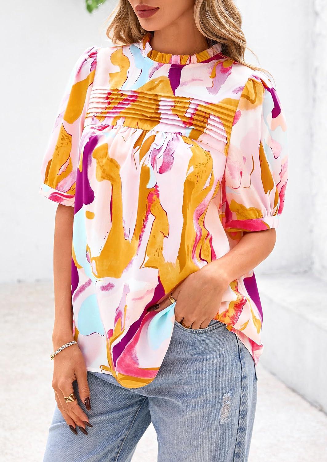 imagePRETTYGARDEN Floral Tops for Women Blouses Dressy Casual 2026 Summer Trendy Outfits Boho Pleated Short Sleeve ShirtsBrown Purple Floral
