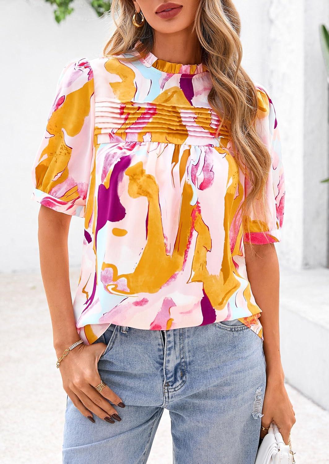 imagePRETTYGARDEN Floral Tops for Women Blouses Dressy Casual 2026 Summer Trendy Outfits Boho Pleated Short Sleeve ShirtsBrown Purple Floral