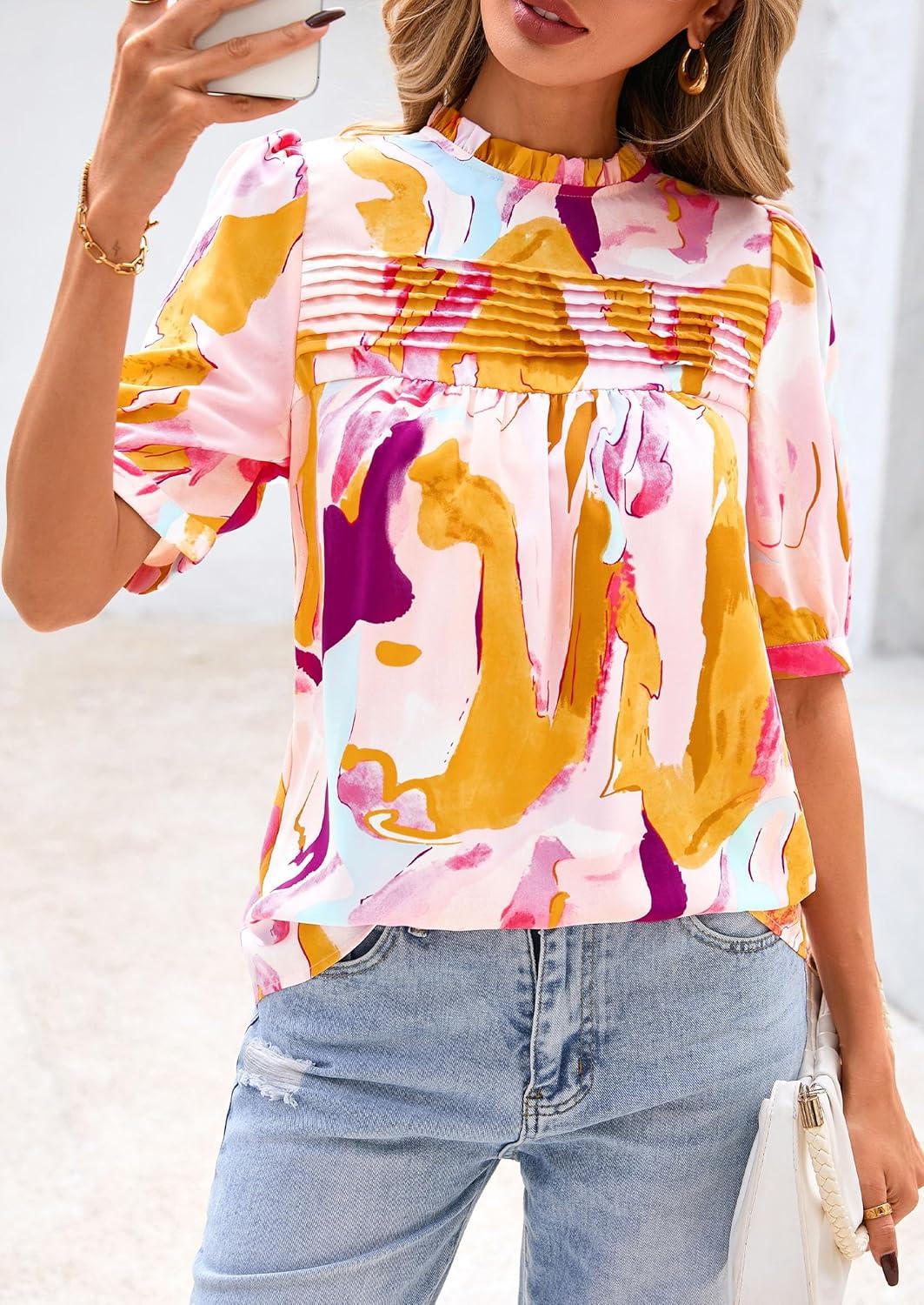 imagePRETTYGARDEN Floral Tops for Women Blouses Dressy Casual 2026 Summer Trendy Outfits Boho Pleated Short Sleeve ShirtsBrown Purple Floral
