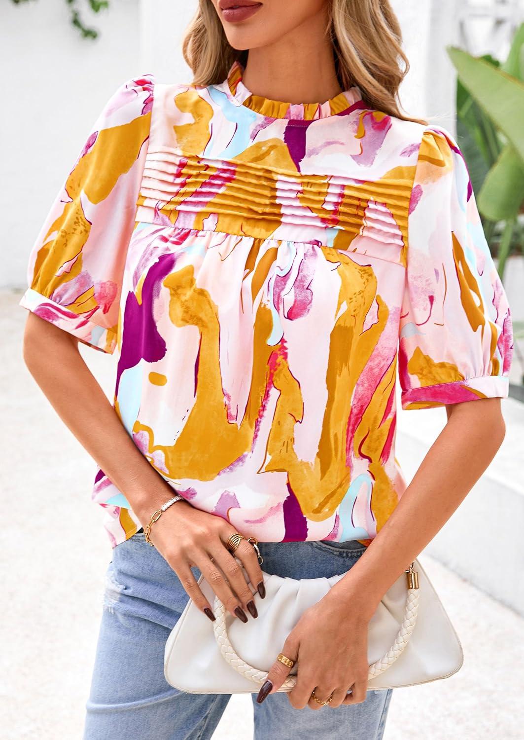 imagePRETTYGARDEN Floral Tops for Women Blouses Dressy Casual 2026 Summer Trendy Outfits Boho Pleated Short Sleeve ShirtsBrown Purple Floral
