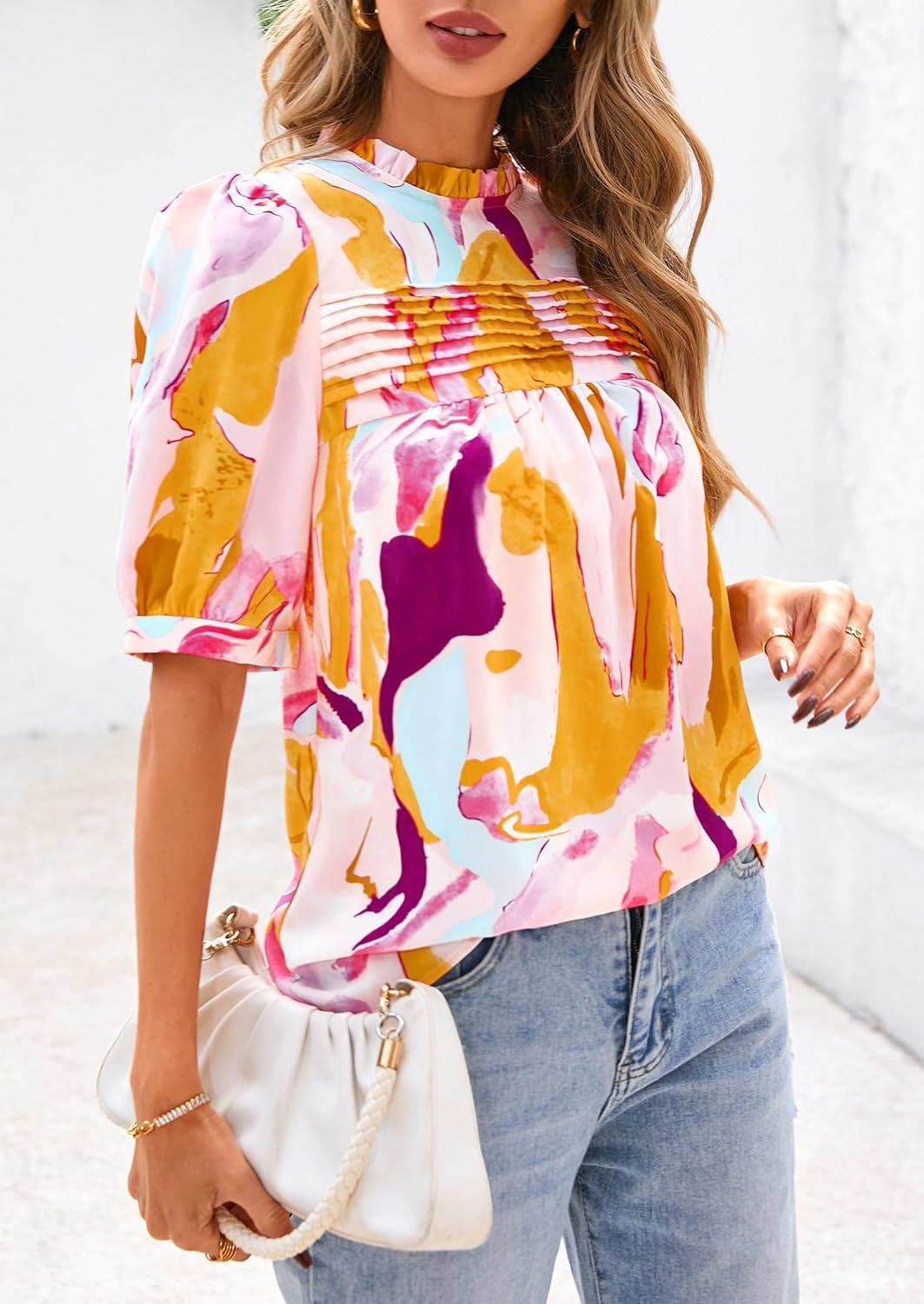 imagePRETTYGARDEN Floral Tops for Women Blouses Dressy Casual 2026 Summer Trendy Outfits Boho Pleated Short Sleeve ShirtsBrown Purple Floral