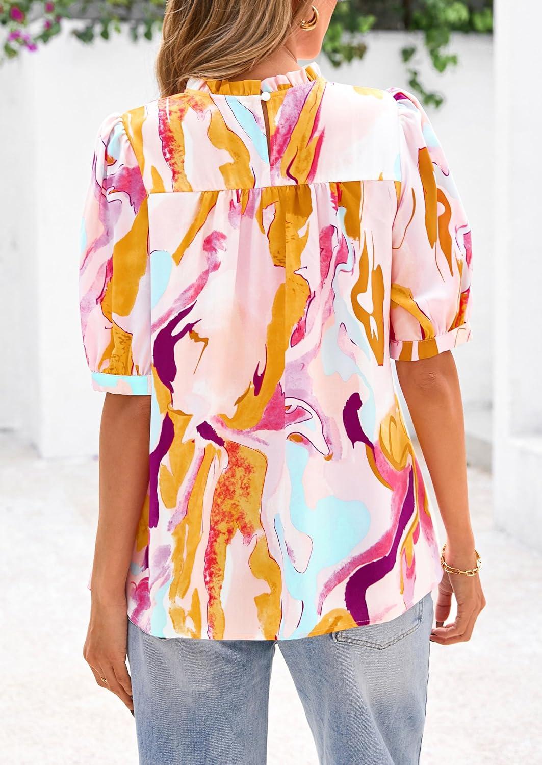 imagePRETTYGARDEN Floral Tops for Women Blouses Dressy Casual 2026 Summer Trendy Outfits Boho Pleated Short Sleeve ShirtsBrown Purple Floral