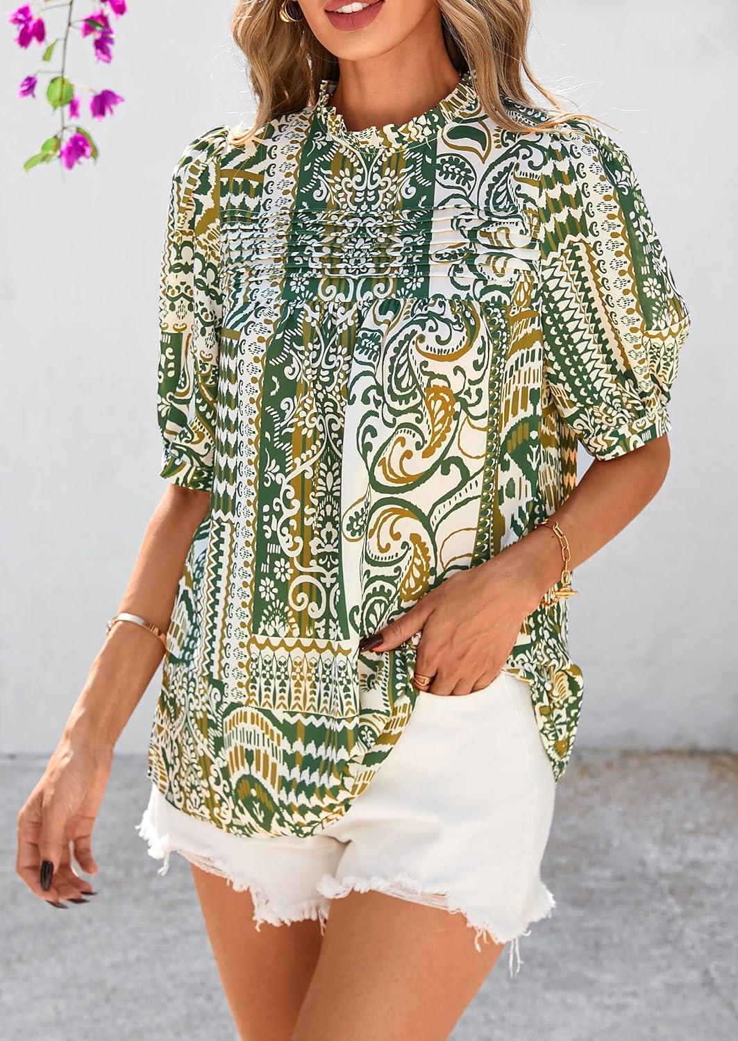 imagePRETTYGARDEN Floral Tops for Women Blouses Dressy Casual 2026 Summer Trendy Outfits Boho Pleated Short Sleeve ShirtsFloral Army Green