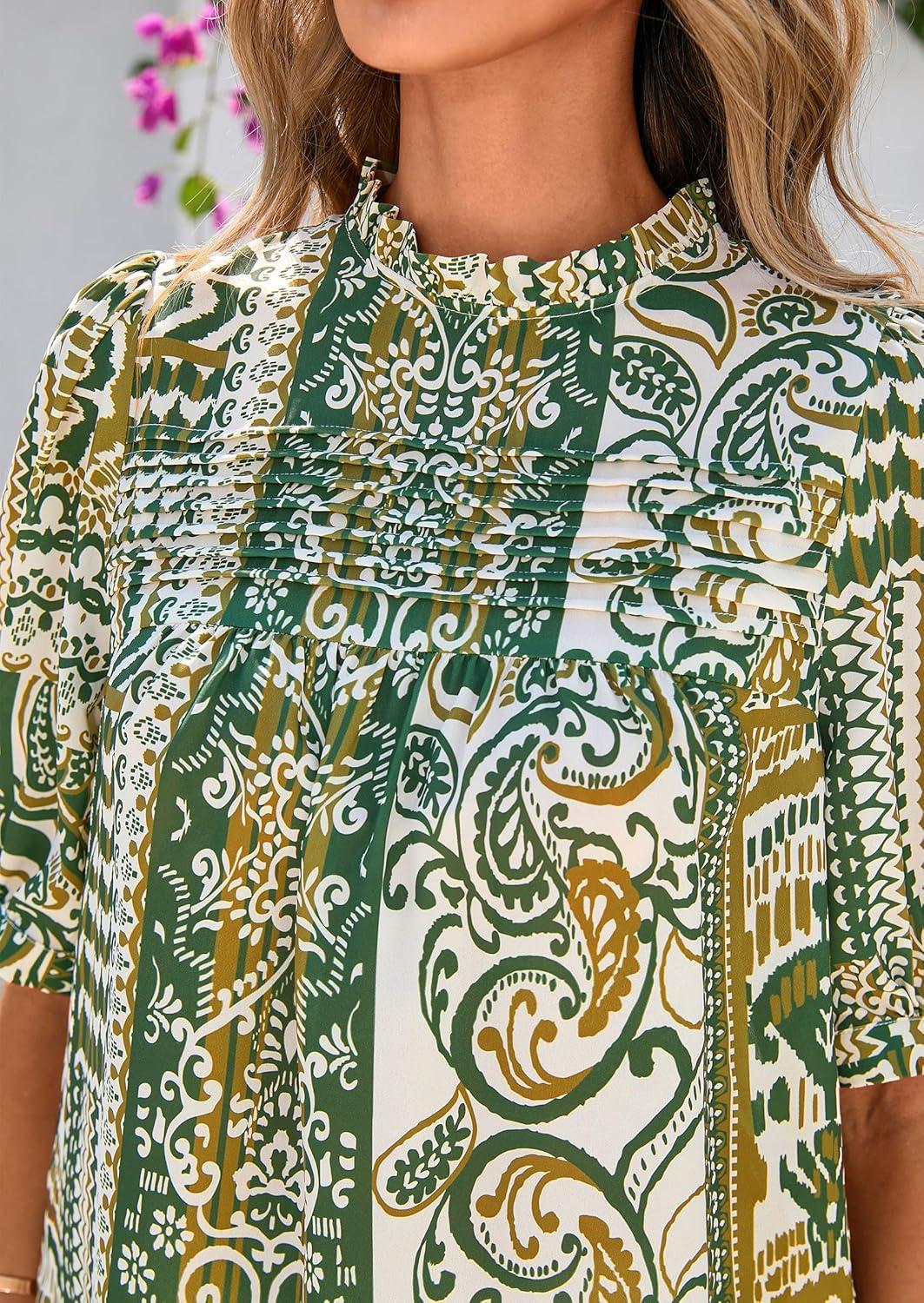 imagePRETTYGARDEN Floral Tops for Women Blouses Dressy Casual 2026 Summer Trendy Outfits Boho Pleated Short Sleeve ShirtsFloral Army Green