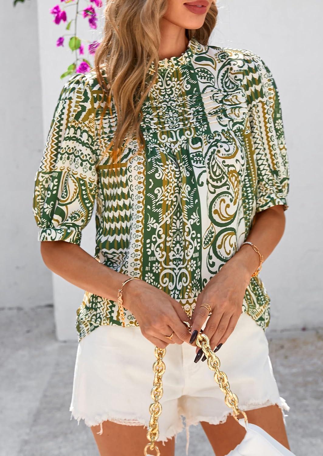imagePRETTYGARDEN Floral Tops for Women Blouses Dressy Casual 2026 Summer Trendy Outfits Boho Pleated Short Sleeve ShirtsFloral Army Green