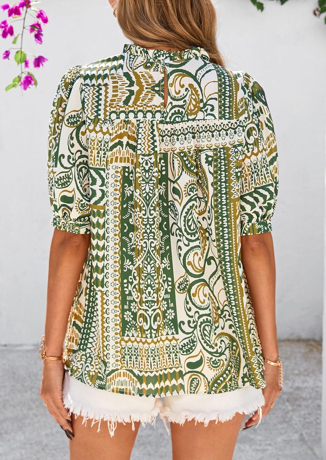 imagePRETTYGARDEN Floral Tops for Women Blouses Dressy Casual 2026 Summer Trendy Outfits Boho Pleated Short Sleeve ShirtsFloral Army Green