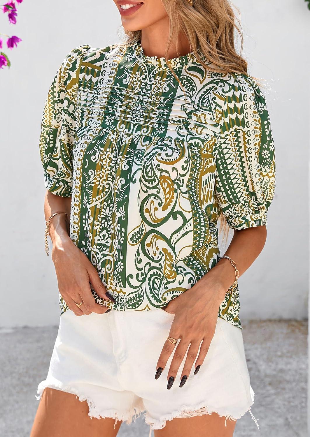 imagePRETTYGARDEN Floral Tops for Women Blouses Dressy Casual 2026 Summer Trendy Outfits Boho Pleated Short Sleeve ShirtsFloral Army Green
